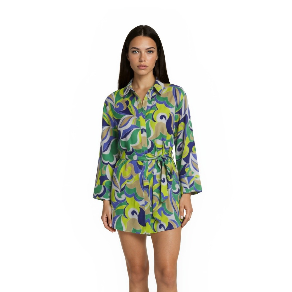 NEW Gianni Bini Blouse Top Women's Size Large Green Multicolor Tie Waist
